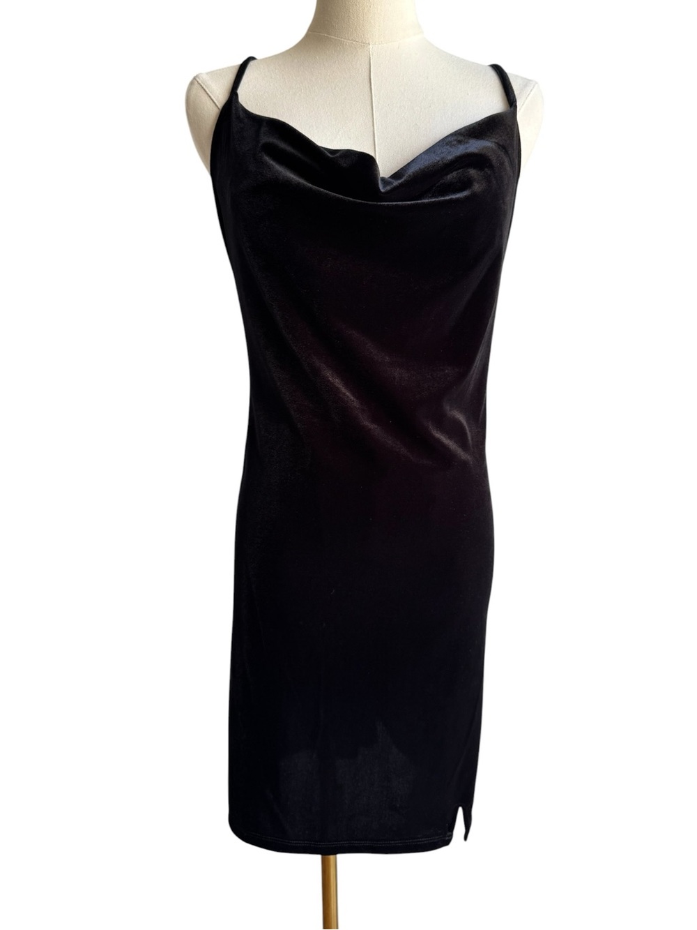Y2K Black Velvet Cowl Neck Slip Dress Sz M Short Cocktail Holiday Party LBD Goth